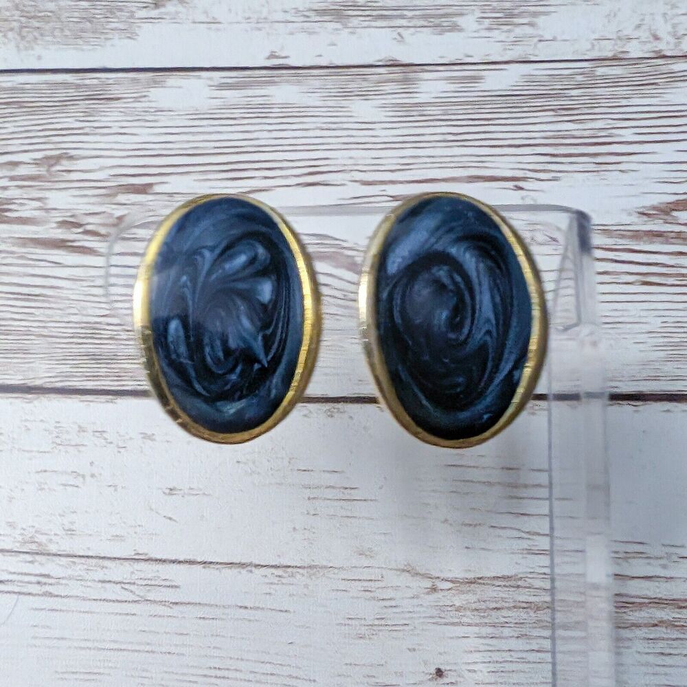 Vintage Clip On Earrings - Large Dark Blue Oval with Gold Tone Halo